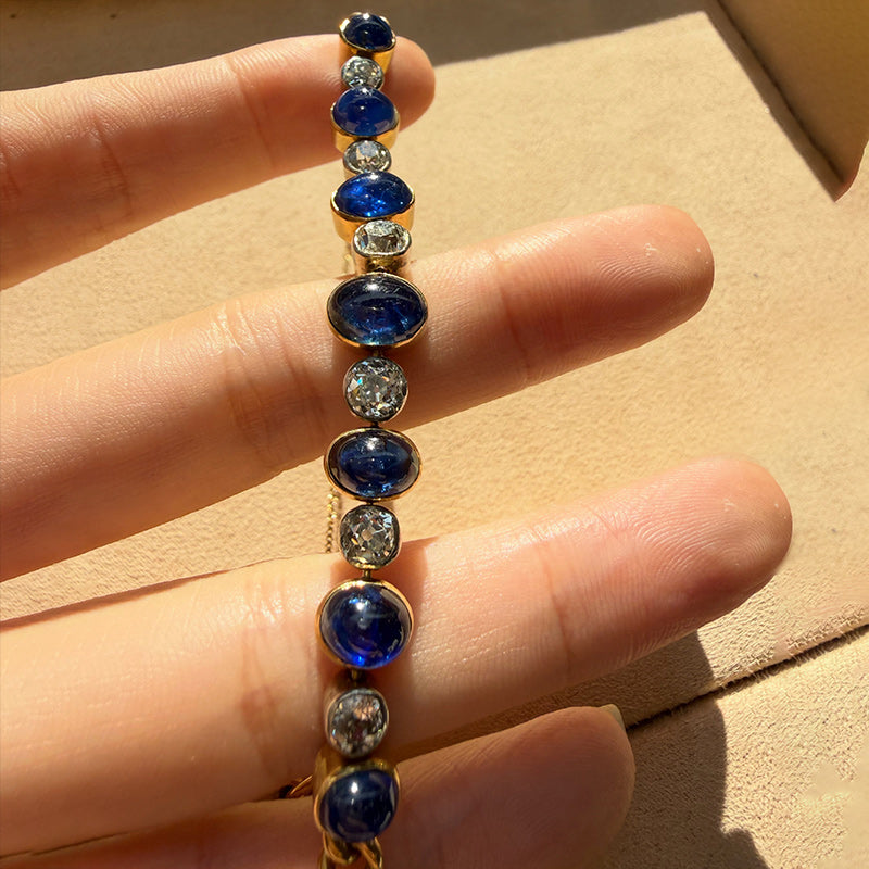 16.6Ctw Oval Cabochon Blue Sapphire Vintage Bracelet-JEWELBUYS