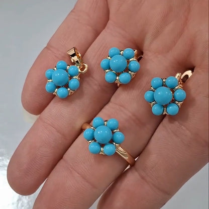 Elegant Turquoise Flower Ring, Earrings, and Pendant Set-JEWELBUYS