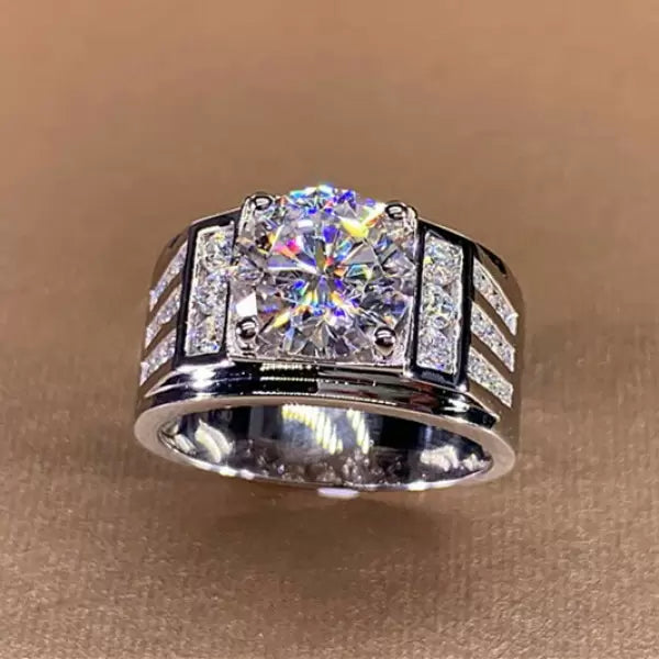 3.8ct Round Cut White Sapphire Wide Band Men's Ring-JEWELBUYS