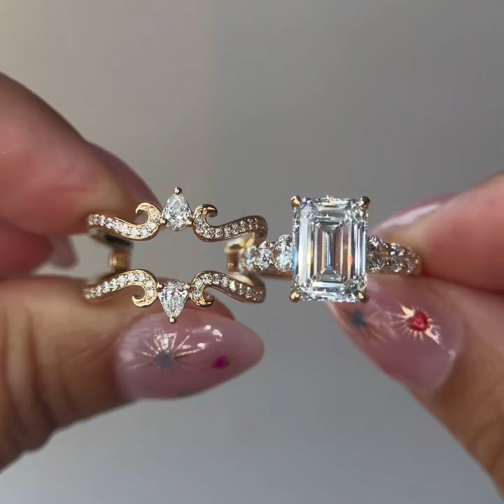 4.0Ctw Brilliant Emerald-Cut Sapphire Vintage Scroll Stacked Ring-JEWELBUYS