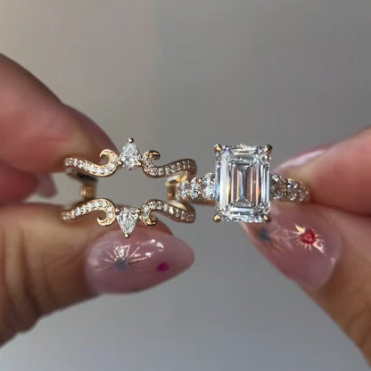 4.0Ctw Brilliant Emerald-Cut Sapphire Vintage Scroll Stacked Ring-JEWELBUYS