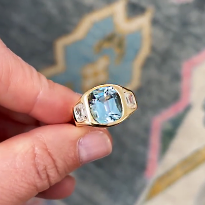 Vintage 5ct Cushion Cut Light Blue Sapphire Three Stone Ring - JEWELBUYS
