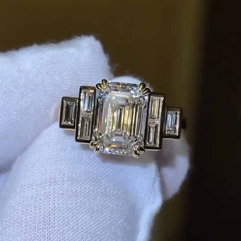 3.5Ctw Emerald Cut Baguette Side Stone Step Engagement Ring-JEWELBUYS