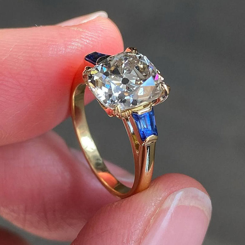 2.62Ct Elongated Cushion Cut and Taper Cut Blue Gemstone Brilliant Ring-JEWELBUYS