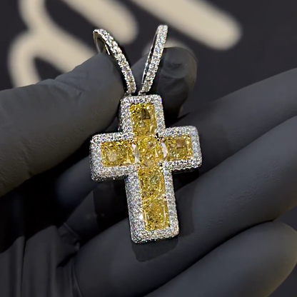 12ct Cushion Cut Yellow Sapphire Hip Hop Cross Pendant - JEWELBUYS