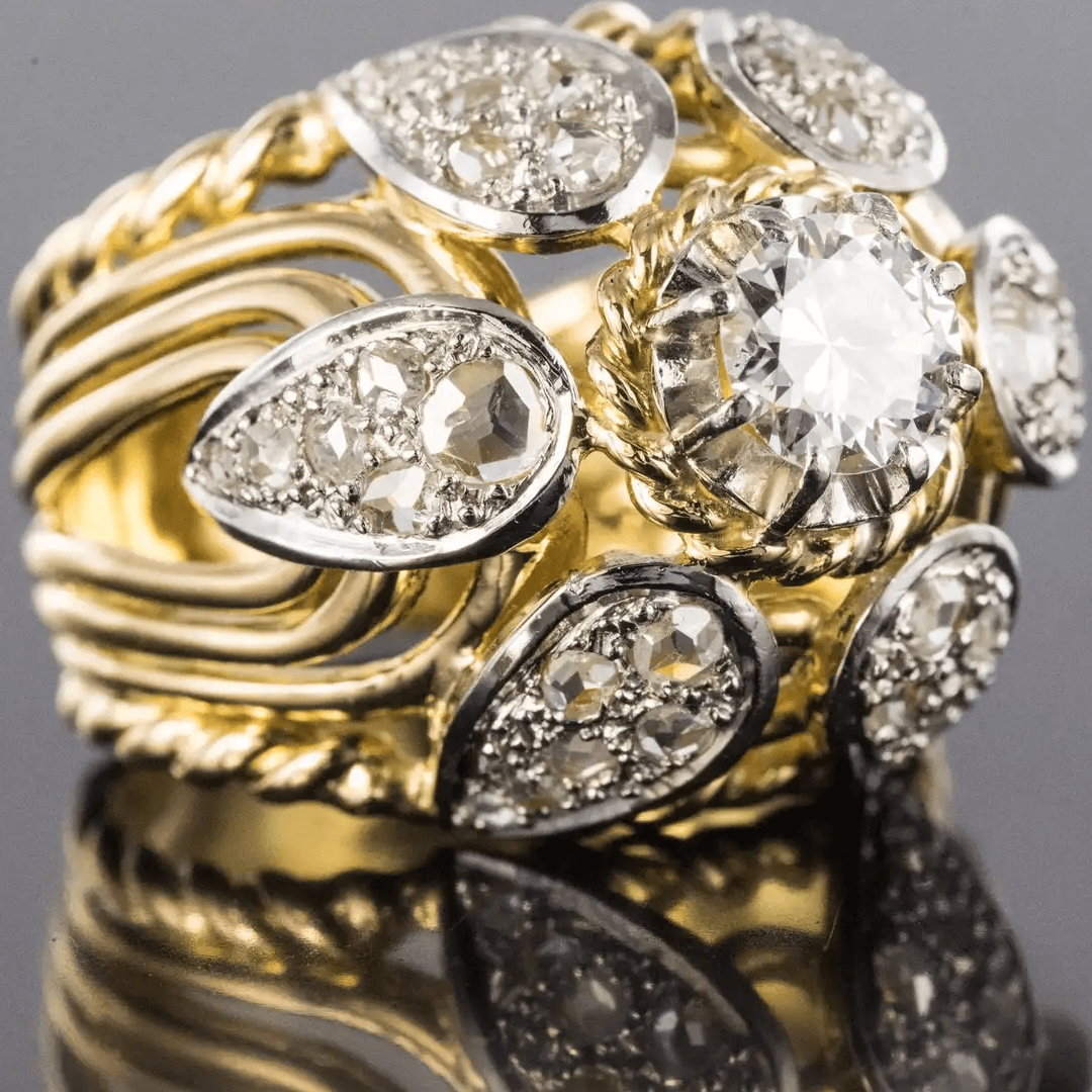 French Vintage 7ct Round Cut White Sapphire Yellow Gold Thread Dome Ring-JEWELBUYS
