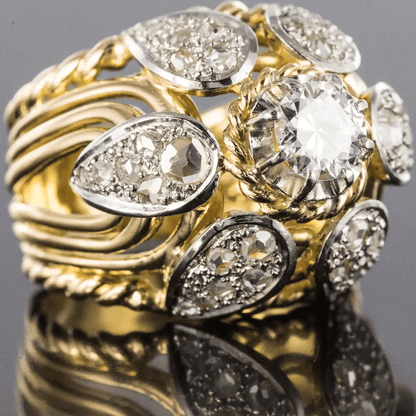 French Vintage 7ct Round Cut White Sapphire Yellow Gold Thread Dome Ring-JEWELBUYS