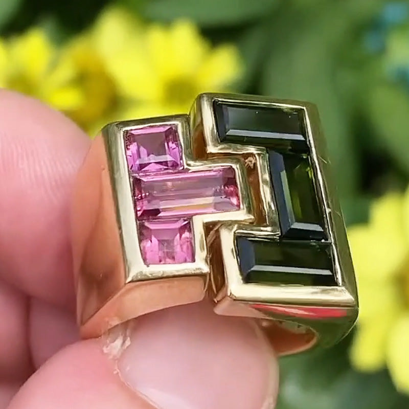 2.7Ctw Pink and Green Emerald Sapphire Architectural Style Ring-JEWELBUYS