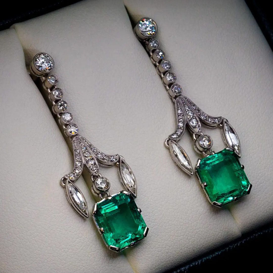 6.16Ctw Emerald-cut Green and White Sapphire Chandelier Earrings-JEWELBUYS