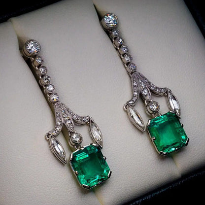 6.16Ctw Emerald-cut Green and White Sapphire Chandelier Earrings-JEWELBUYS