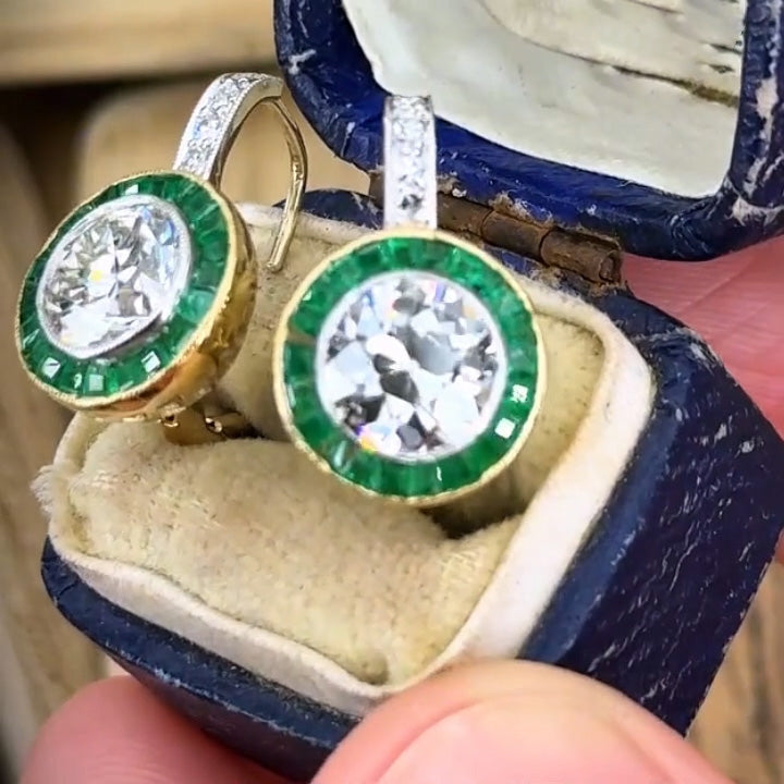3.0Ctw Victorian Style Round Halo Emerald-Trimmed Sapphire Earrings-JEWELBUYS