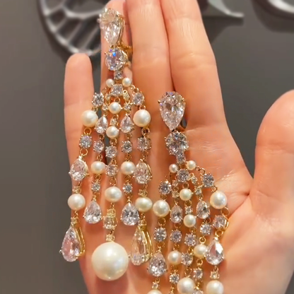 Fantasy 10 ctw Pear&Round Cut White Gemstone & Pearl Chandelier Earrings -JEWELBUYS