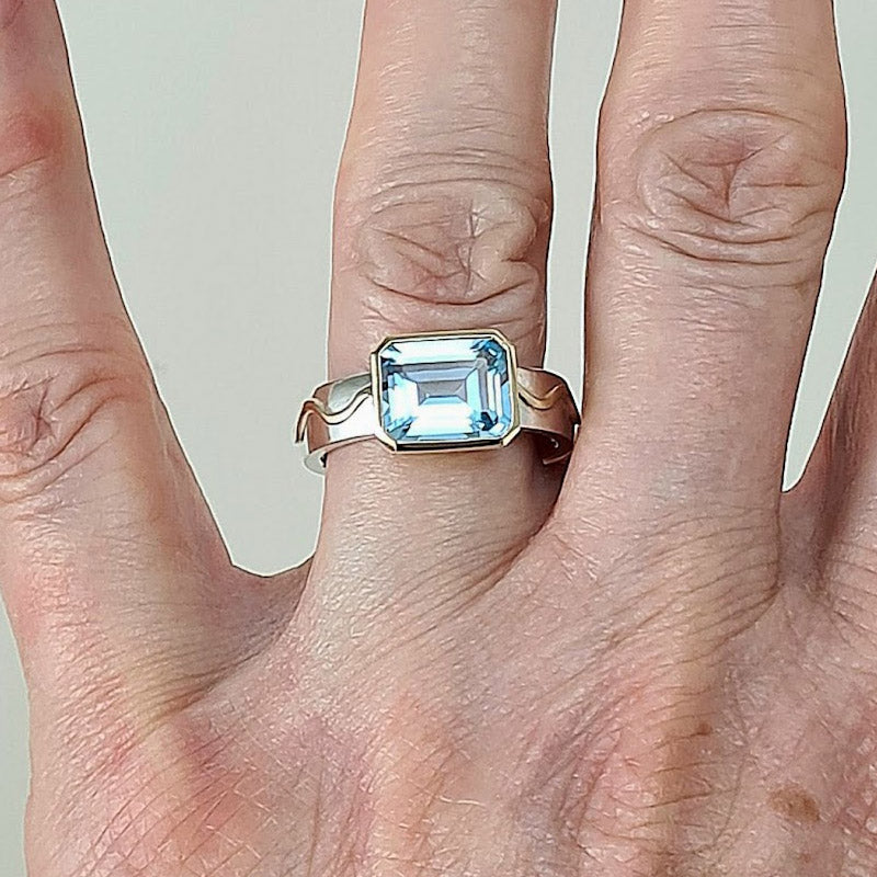 5Ct octagon cut aquamarine sapphire wave engagement ring- JEWELBUYS