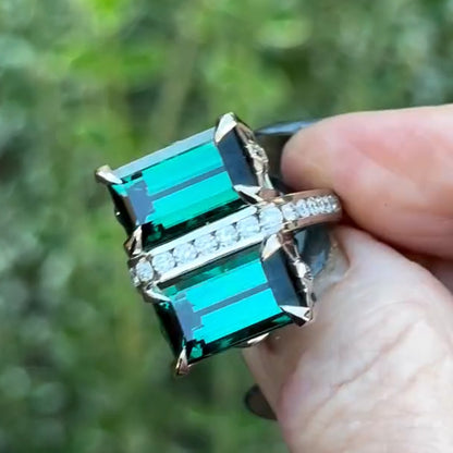 5ctw Emerald Cut Green Tourmaline Double Stone Interesting Ring-JEWELBUYS