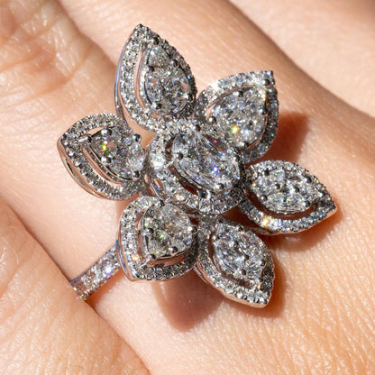 Flower-shaped 4ctw Round & Pear Cut White Sapphire Women's Engagement Ring in Silver-JEWELBUYS