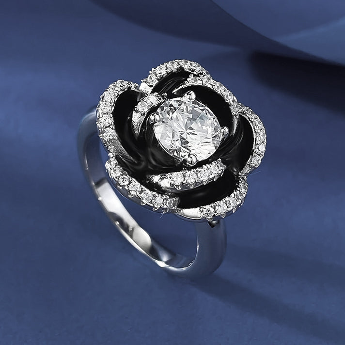 Unique 2 ctw Round Cut White Gemstone Black Camellia Ring -JEWELBUYS