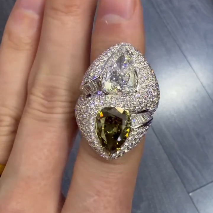 10Ctw pear-shaped cut yellow and white two-color sapphire bypass ring-JEWELBUYS