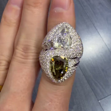 10Ctw pear-shaped cut yellow and white two-color sapphire bypass ring-JEWELBUYS