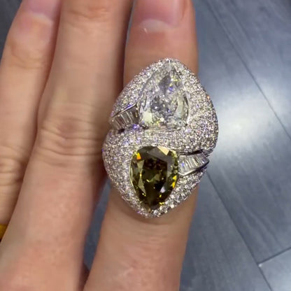 10Ctw pear-shaped cut yellow and white two-color sapphire bypass ring-JEWELBUYS