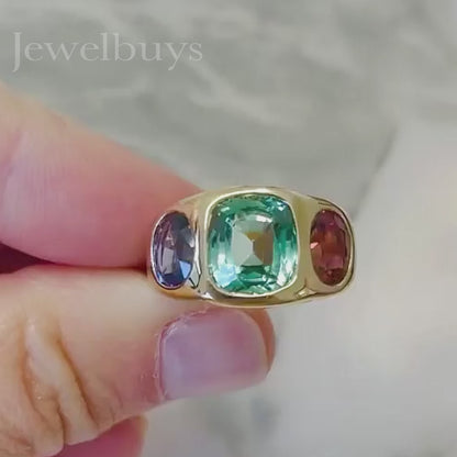 5ctw Cushion&Oval Cut Multi-cut Vintage Three-Stone Gemstone Ring - JEWELBUYS