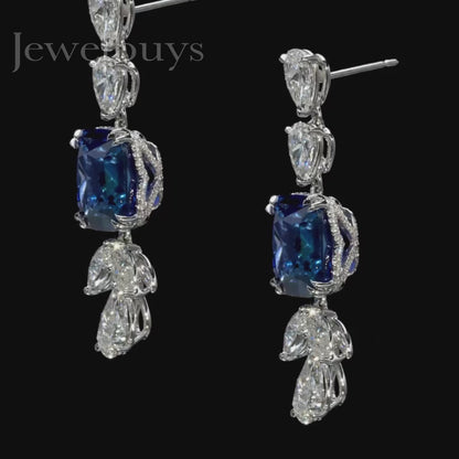 20ctw Cushion Cut Royal Blue & White Sapphire Drop Earrings-JEWELBUYS