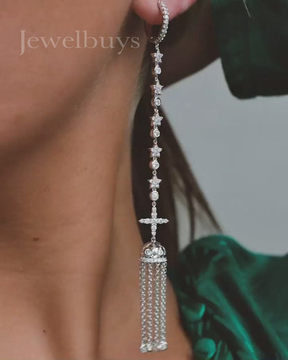 Fantasy 1ctw Round Cut White Gemstone Tassel Earrings- JEWELBUYS