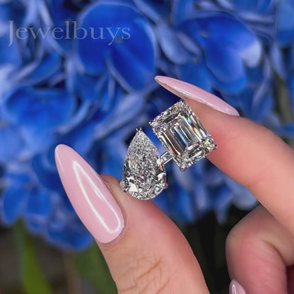 8ctw Pear & Emerald Cut White Sapphire Two Stones Engagement Ring-JEWELBUYS