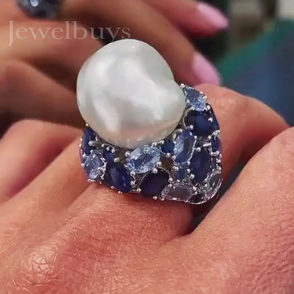 Unique Irregular Pearl Oval Cut Blue & Aquamarine Sapphire Diamond Ring-JEWELBUYS