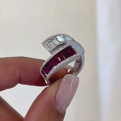 3ctw Baguette Cut Bypass Ruby & White Sapphire Fashion Ring - JEWELBUYS