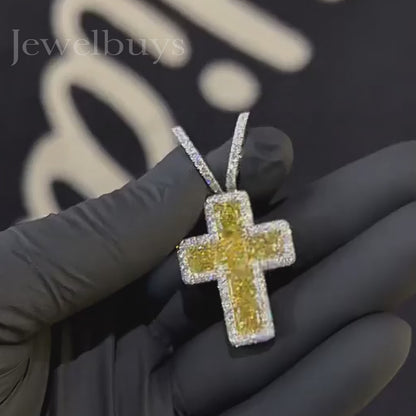 12ct Cushion Cut Yellow Sapphire Hip Hop Cross Pendant - JEWELBUYS