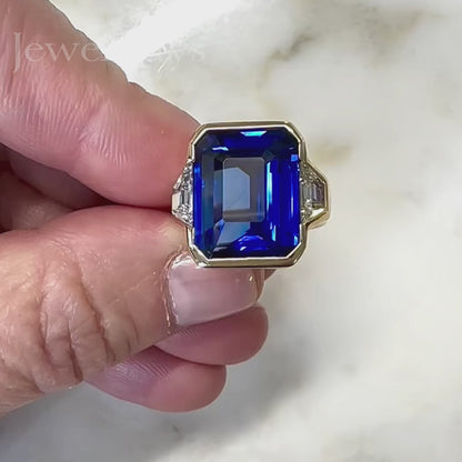 4ct Emerald Cut Blue Gemstone Three Stone Engagement Ring - JEWELBUYS