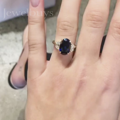 3.5ct Oval Cut Blue Sapphire Three Stones Engagement Ring-JEWELBUYS