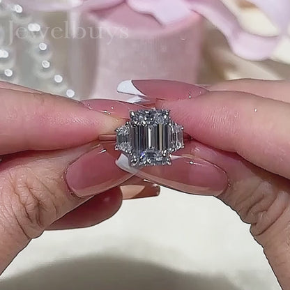 4.5ct Emerald Cut White Sapphire Stepped Three Stone Engagement Ring-JEWELBUYS