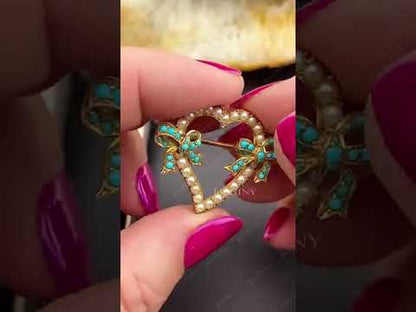 Pearl and Turquoise Heart and Bow Brooch-JEWELBUYS