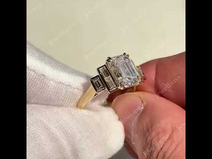 3.5Ctw Emerald Cut Baguette Side Stone Step Engagement Ring-JEWELBUYS