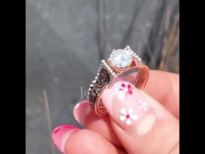 2.0ct Round Cut Rose Gold Hand Engraved Ladies Ring Set-JEWELBUYS