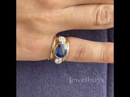 3ctw Cushion Cut Blue & White Sapphire Three-Stone Ring-JEWELBUYS