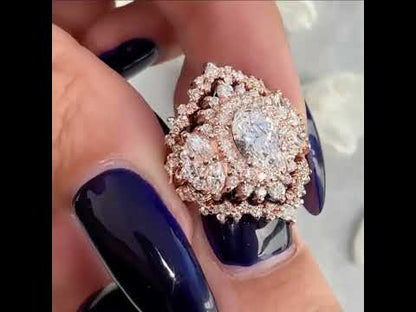 Art Deco Design 6ct Oval Cut White Sapphire with Double Halo Unique Women's Engagement Ring in Rose Gold-JEWELBUYS
