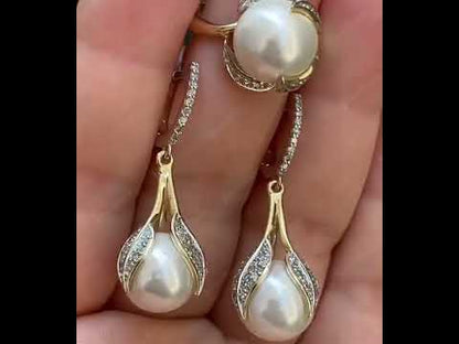 Leaf-shaped pearl and gemstone earring and ring set-JEWELBUYS