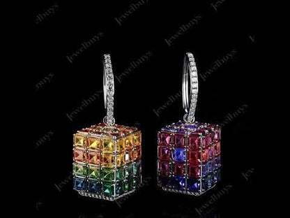 6.0Ctw Emerald Cut Gradient Color Sapphire Cube Earrings-JEWELBUYS