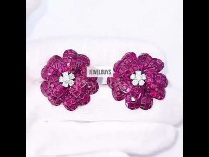 17ctw Invisible Set Princess Cut Ruby Sapphire Flower Earrings-JEWELBUYS