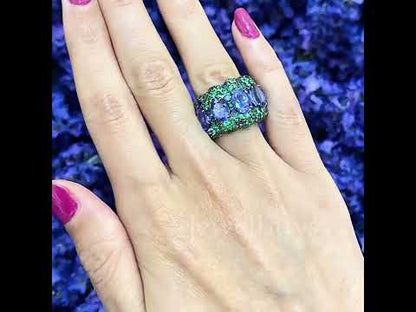 12ctw Blue Sapphire Oval Cut and Emearld Round Cut Two Tone Pave Set Ring-JEWELBUYS