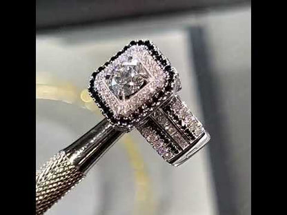 6.2Ctw Round Cut Black and White Sapphire Square Halo Engagement Ring-JEWELBUYS