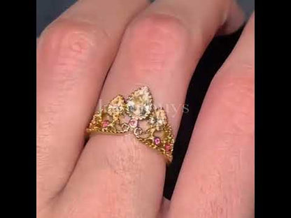 2.0ctw pear cut white and pink sapphire crown ring-JEWELBUYS