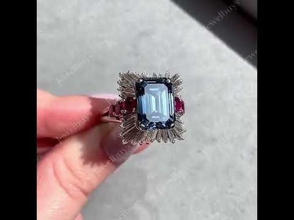 6.24Ctw Emerald Cut Sapphire and Ruby Ballet Ring-JEWELBUYS
