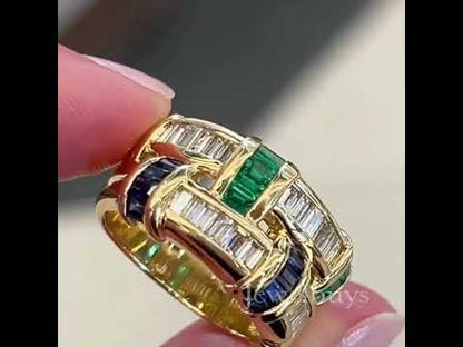 Eternal Art 2ct Emerald Cut Multi Sapphires Wide Band Two Tone Weave Ring in Gold-JEWELBUYS