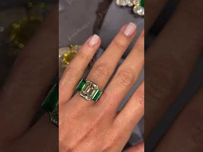 4.56ctw Emerald-Cut White and Green Sapphire 3-Stone Ring-JEWELBUYS