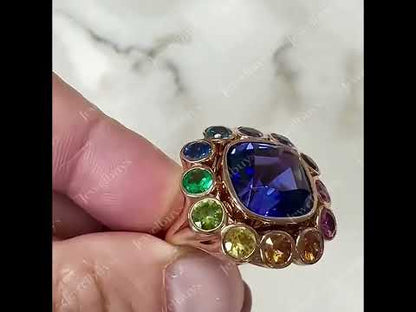 7.53 Ctw Cushion Cut Blue Gemstone and Mixed Color Sapphire Ring-JEWELBUYS