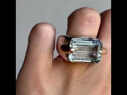 Minimalist 14ct Emerald Cut Blue Sapphire Cocktail Ring in Rose Gold and Silver-JEWELBUYS