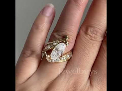 Vintage 4ct Oval Cut White Sapphire and Sided Round Cut Stones with Pearl Women's Engagement Ring in Gold-JEWELBUYS